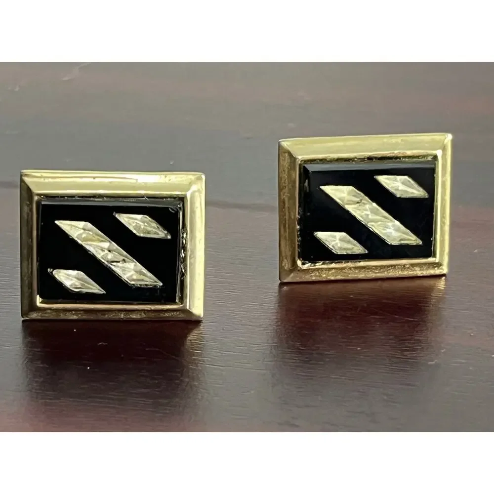 VTG Black Onyx Rhinestone Gold Tone Cufflinks Retro MCM